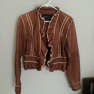 Vintage brown leather ruffle jacket